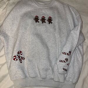 Gray Holiday Sweater with Gingerbread and Candy Cane Design